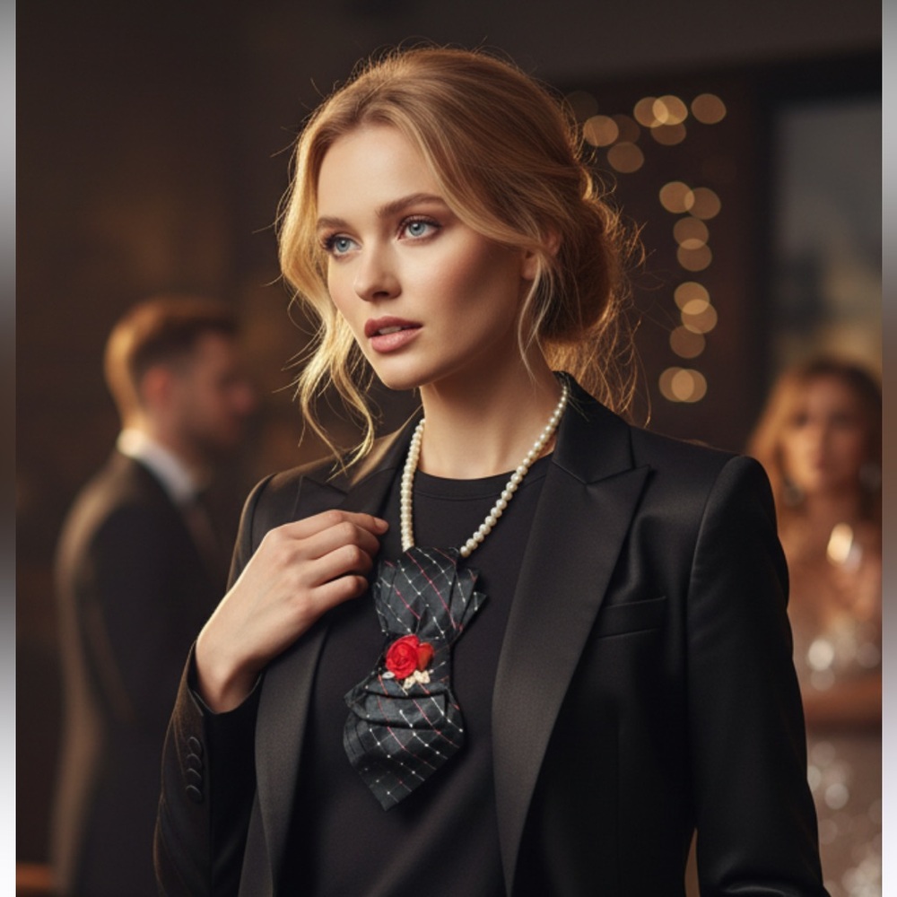 “Dainty Dapper”Black and Red Striped Tie Necklace w/ beautiful red rose brooch